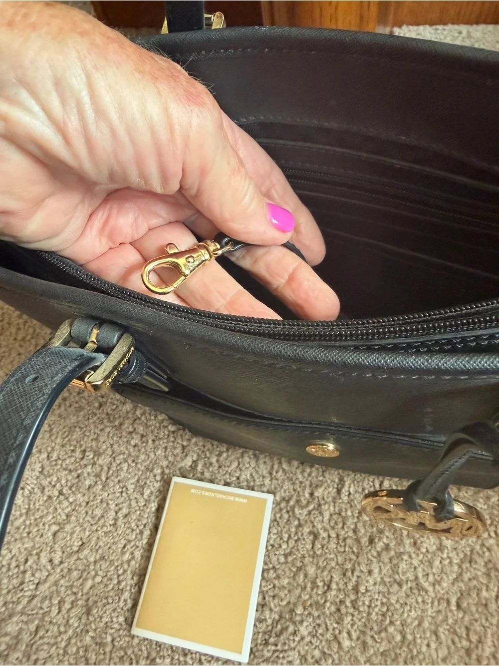 Michael Kors Black Saffiano Leather Tote with Gold MK Charm